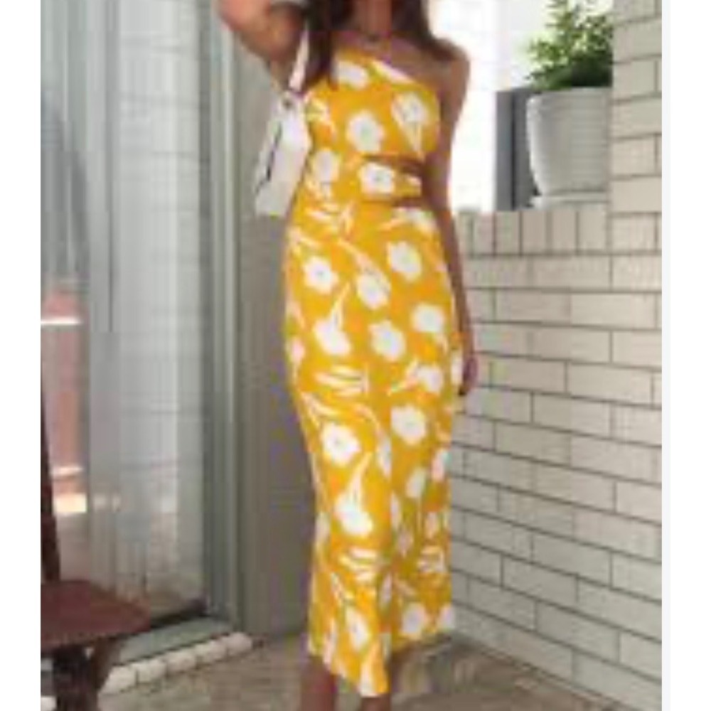 Sabo Skirt Kika Dress Yellow Floral One Shoulder Cutout Maxi NWT Size L